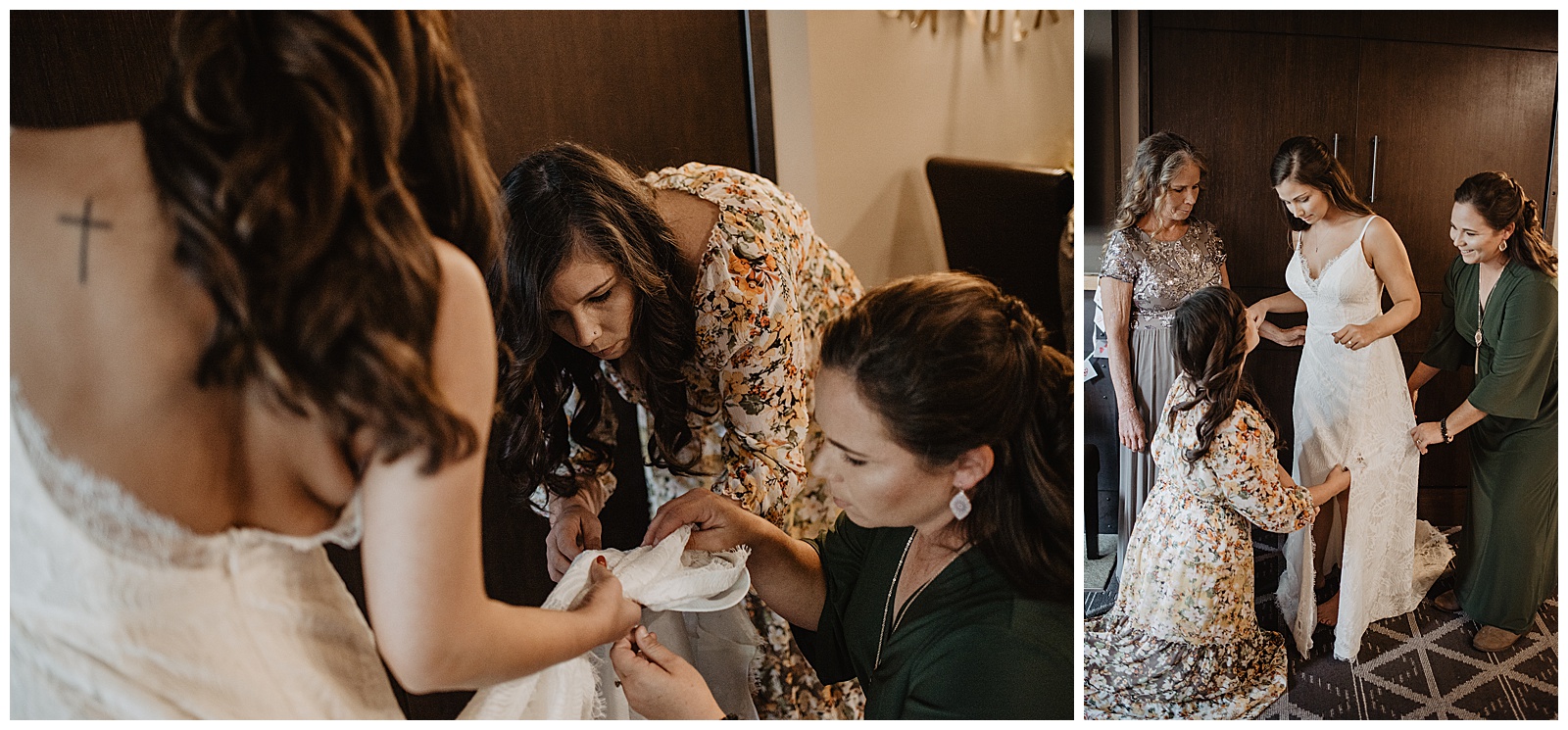 bride getting ready with her sisters and mother for her Teton wedding