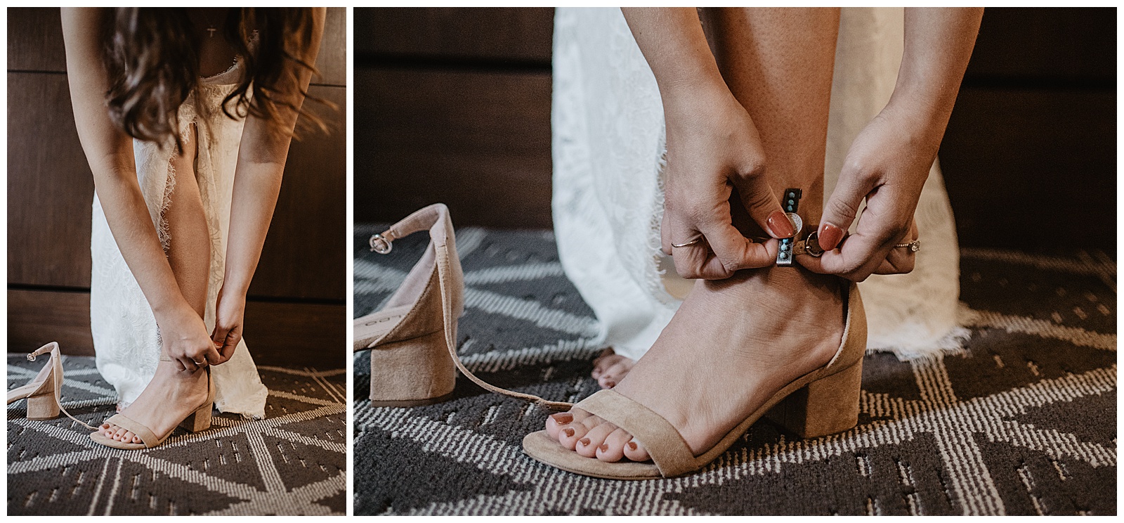 detail shots of the bride putting on her shoes while getting ready for her Wyoming wedding day in the Tetons