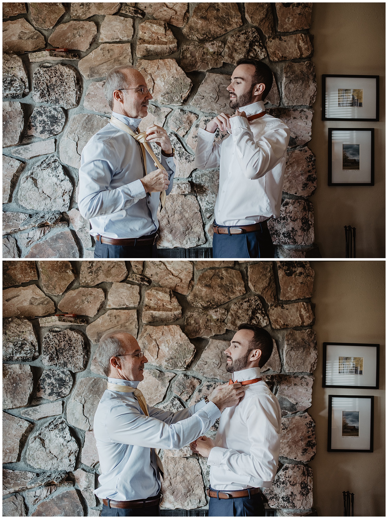 groom and his father putting on their ties for the fall Teton wedding 