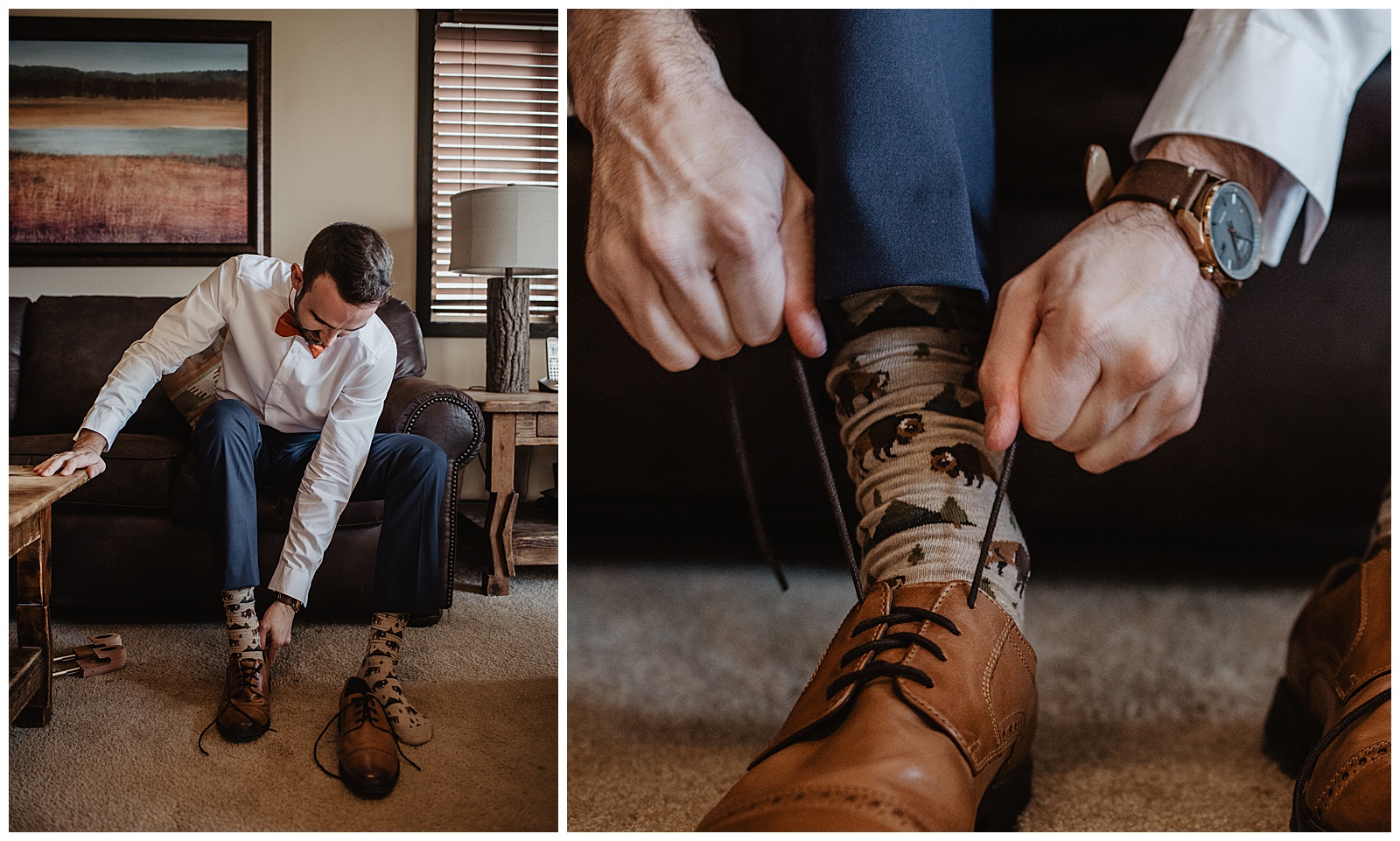 groom putting on his shoes and tieing his laces with buffalo socks