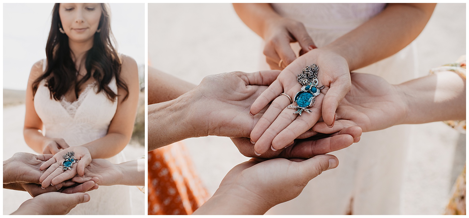 bride and her mother and sister all holding a turquoise owl charm that has been passed down through the family 