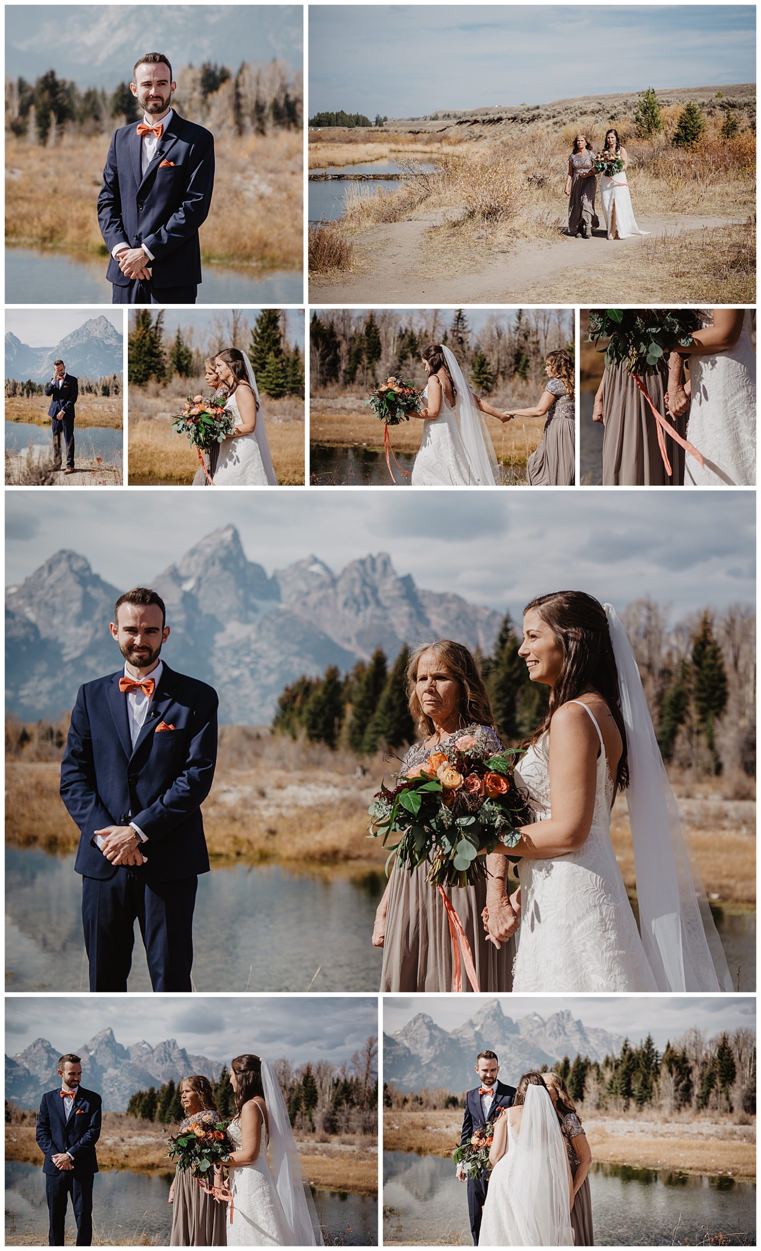 photo collage of a ceremony in the Grand Tetons during the fall with bride and groom eloping