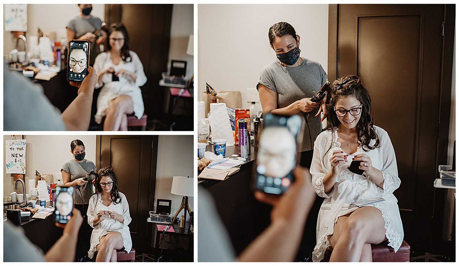 bride getting her hair done in a cabin for her Teton wedding day