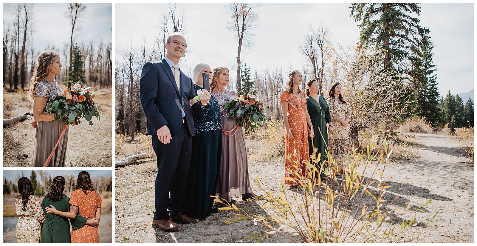 Grand Teton bridal party standing at the ceremony for the bride and groom in the woods