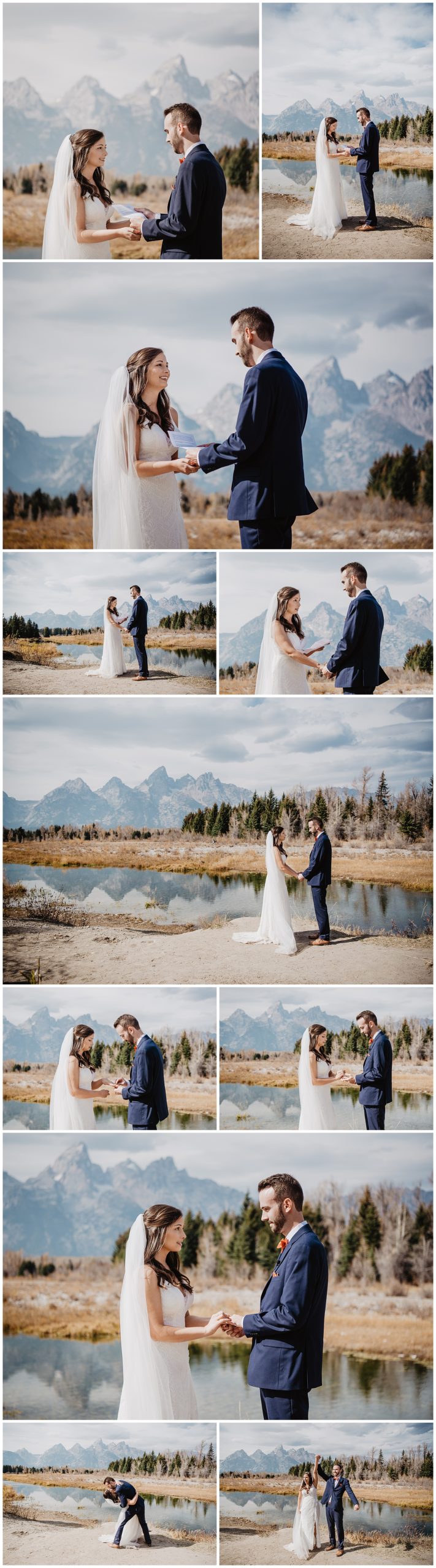 Grand Teton fall wedding ceremony in front of the Tetons mountain range, the bride and groom hold hands and share their vows