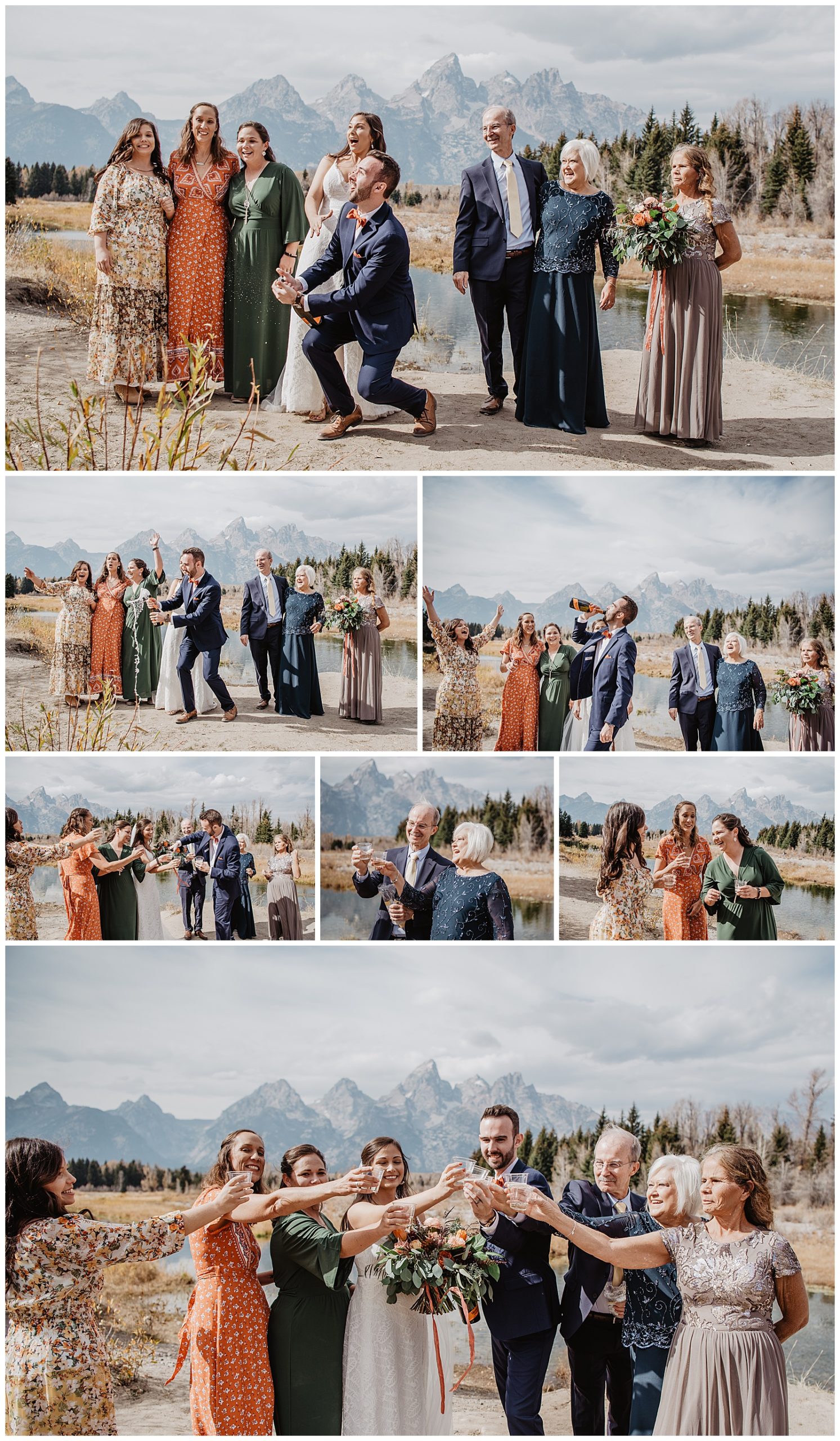 wedding party and family having a drink together in the Grand Tetons for the bride and grooms wedding day