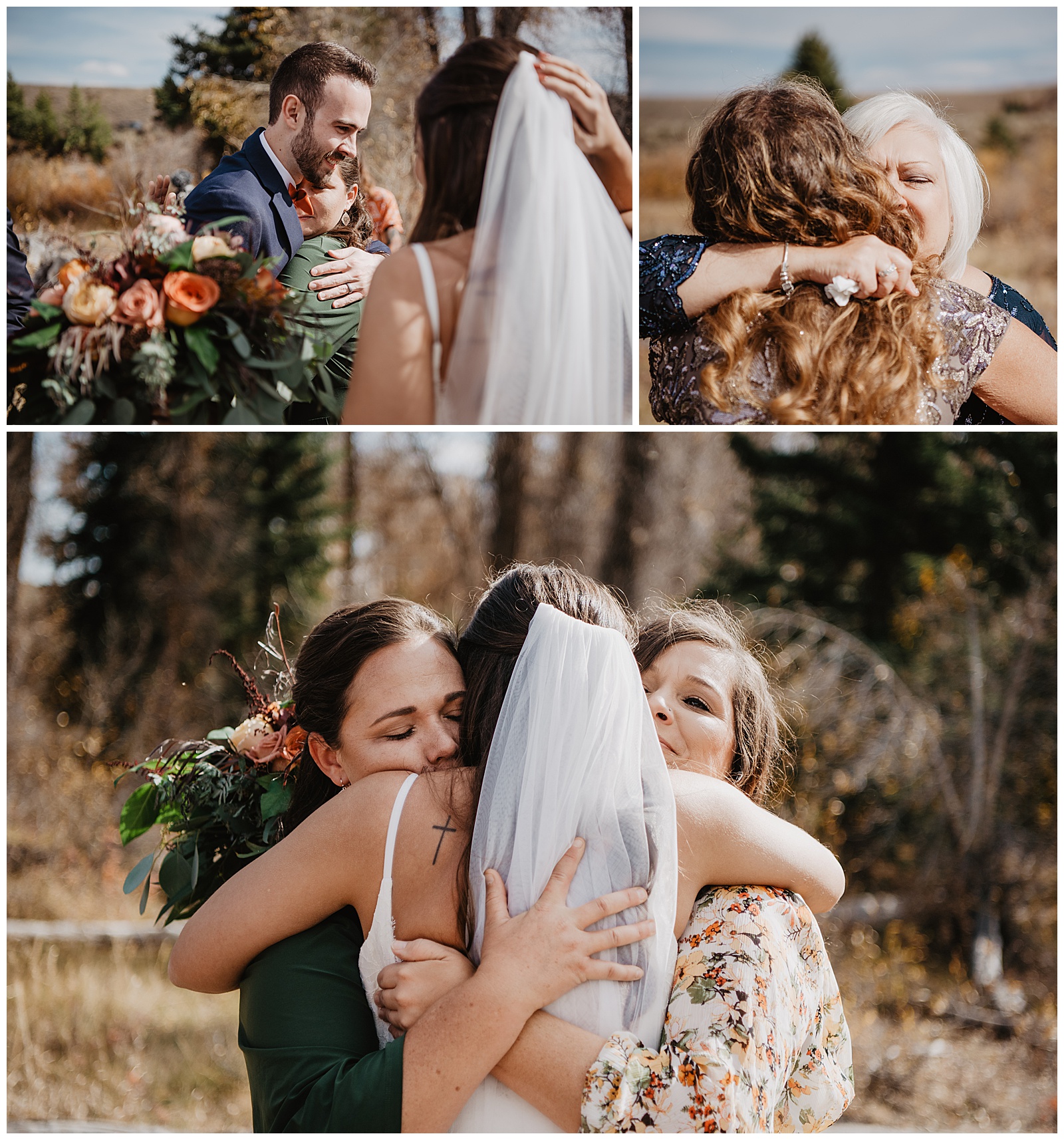 bride hugging her her mom and sister on her Grand Teton fall wedding day