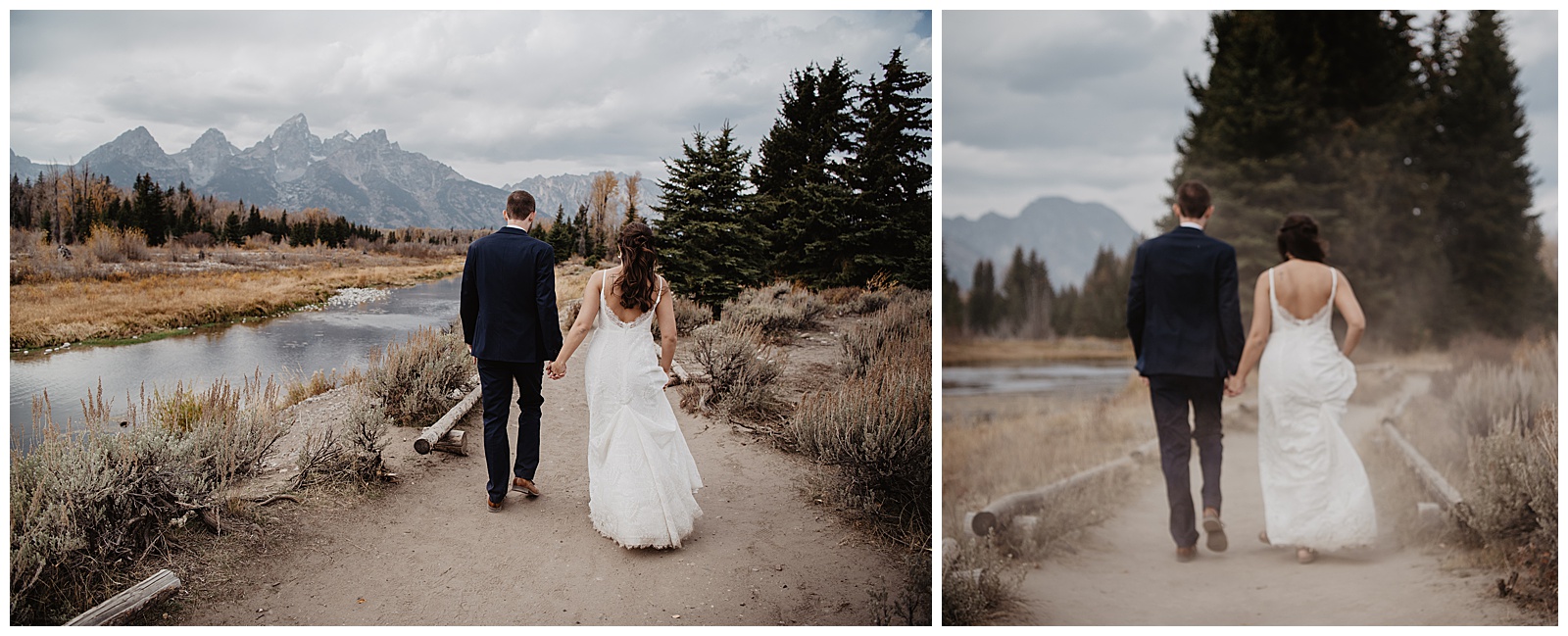 Grand Teton national park fall wedding with bride and groom holding hands and walking away from the camera on a dirt trail next to a stream