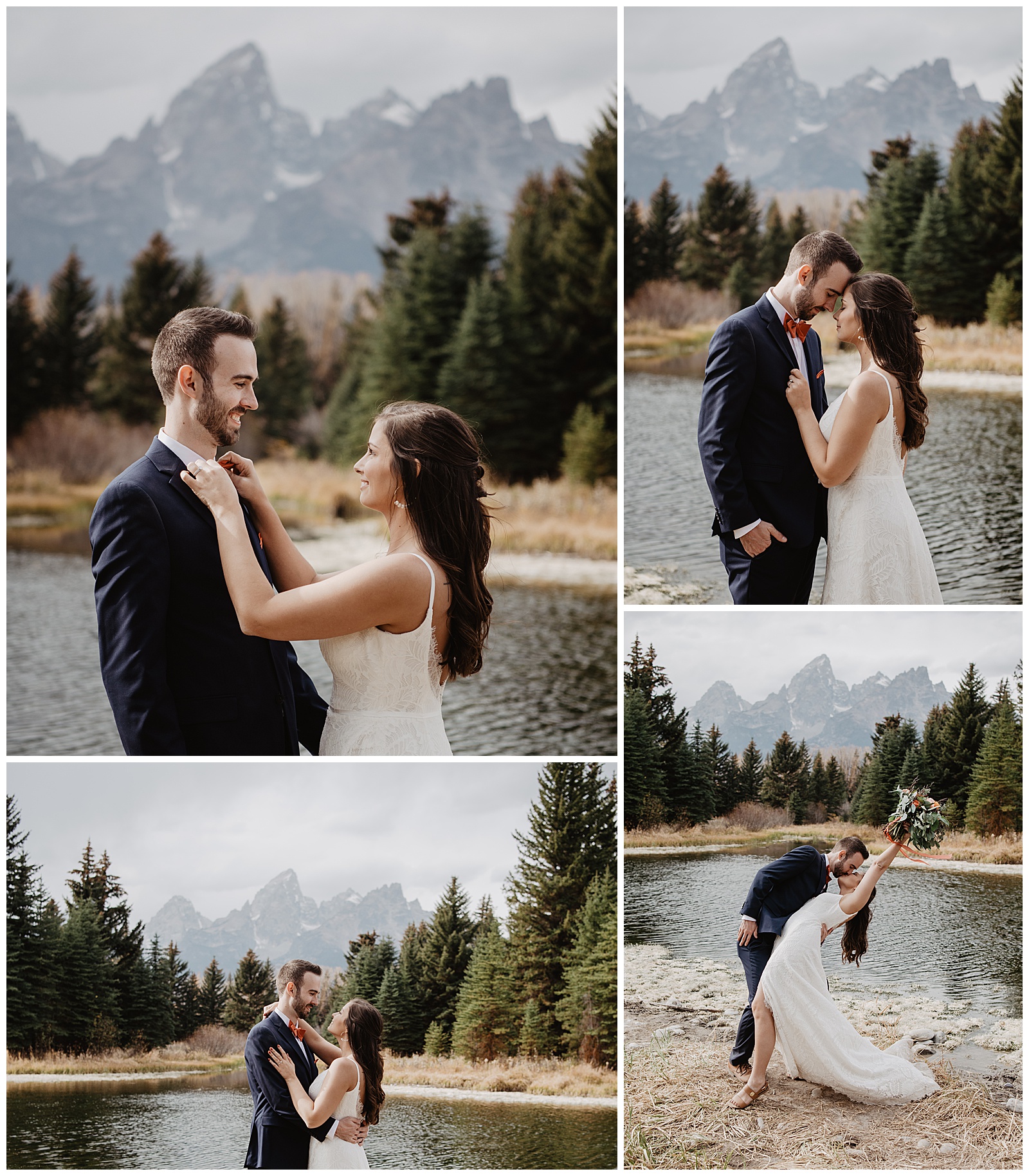 Grand Teton bridals with bride and groom dancing by a river 