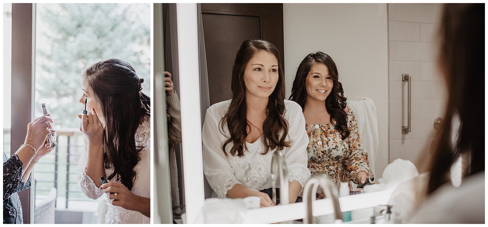 bride doing her makeup with her sister while getting ready for her fall wedding day in the Tetons