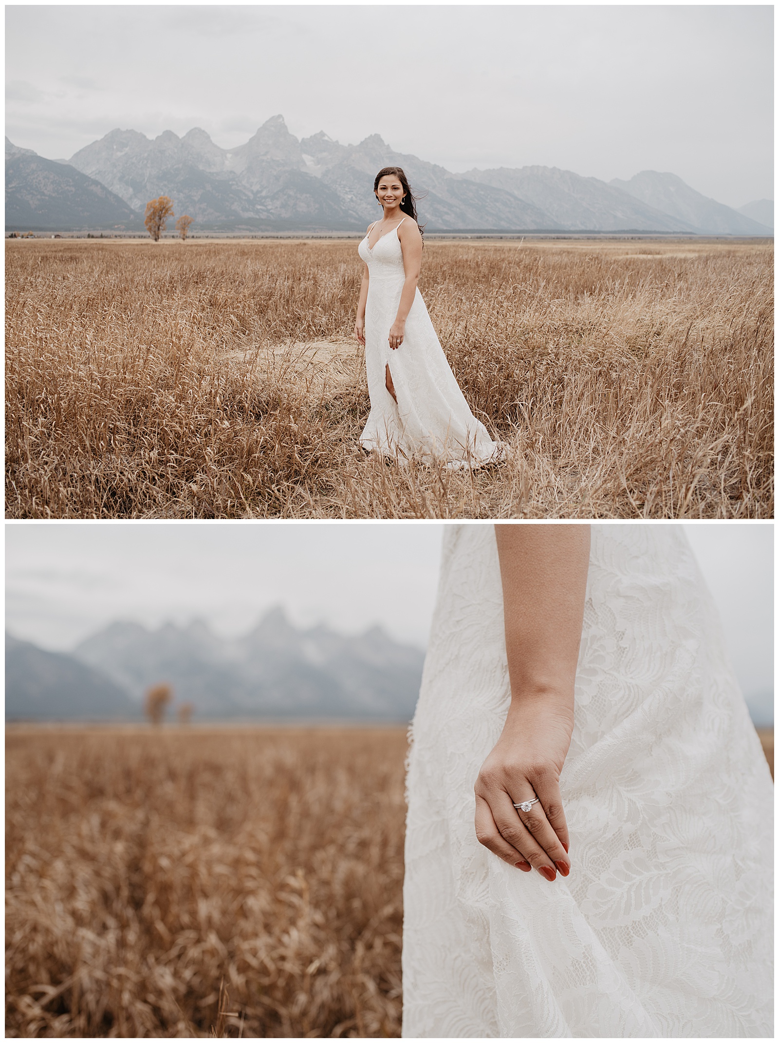 Grand Teton bridals wit ha bride in a lace gown walking through a brown field in the fall 
