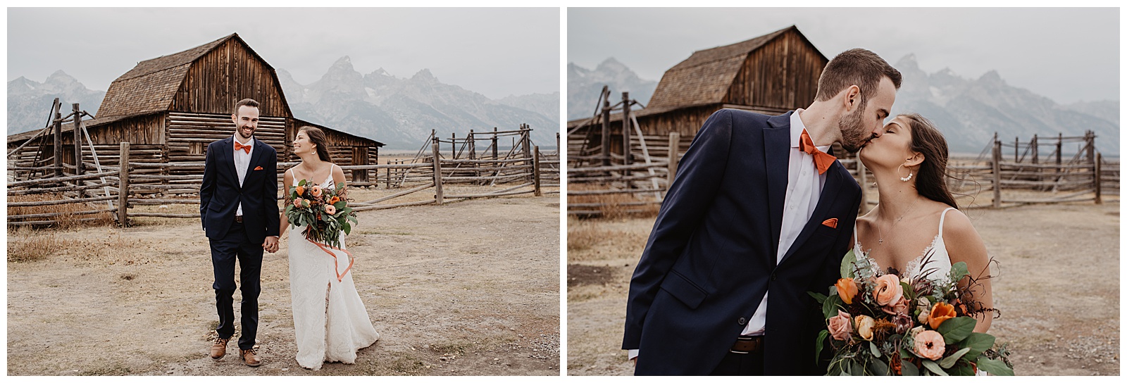 Grand Teton wedding in the fall with the bride and groom next to an old farm house kissing and holding hands