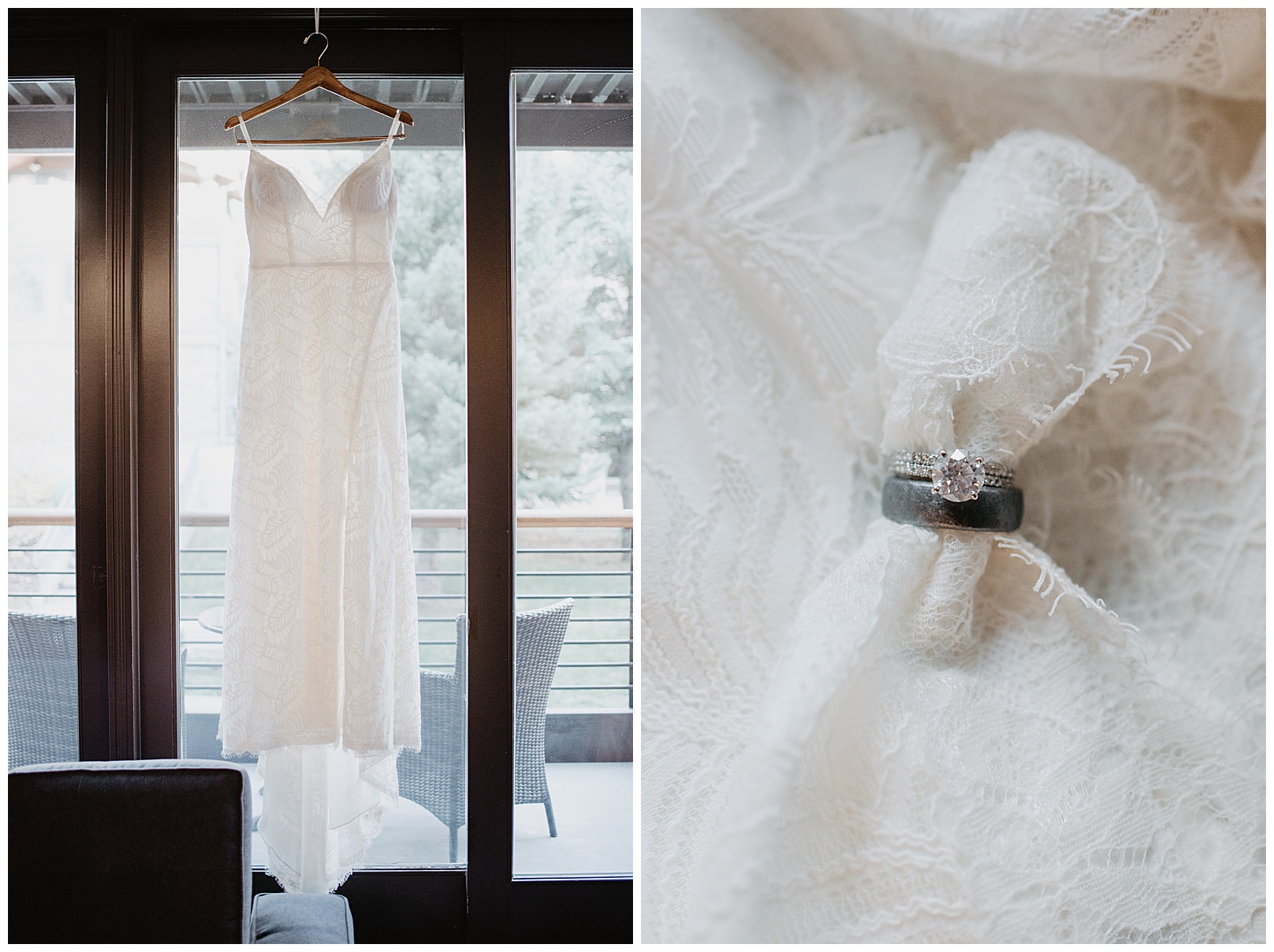 detail shot of the brides lace gown hanging in a bright window and the wedding rings against the lace of the gown