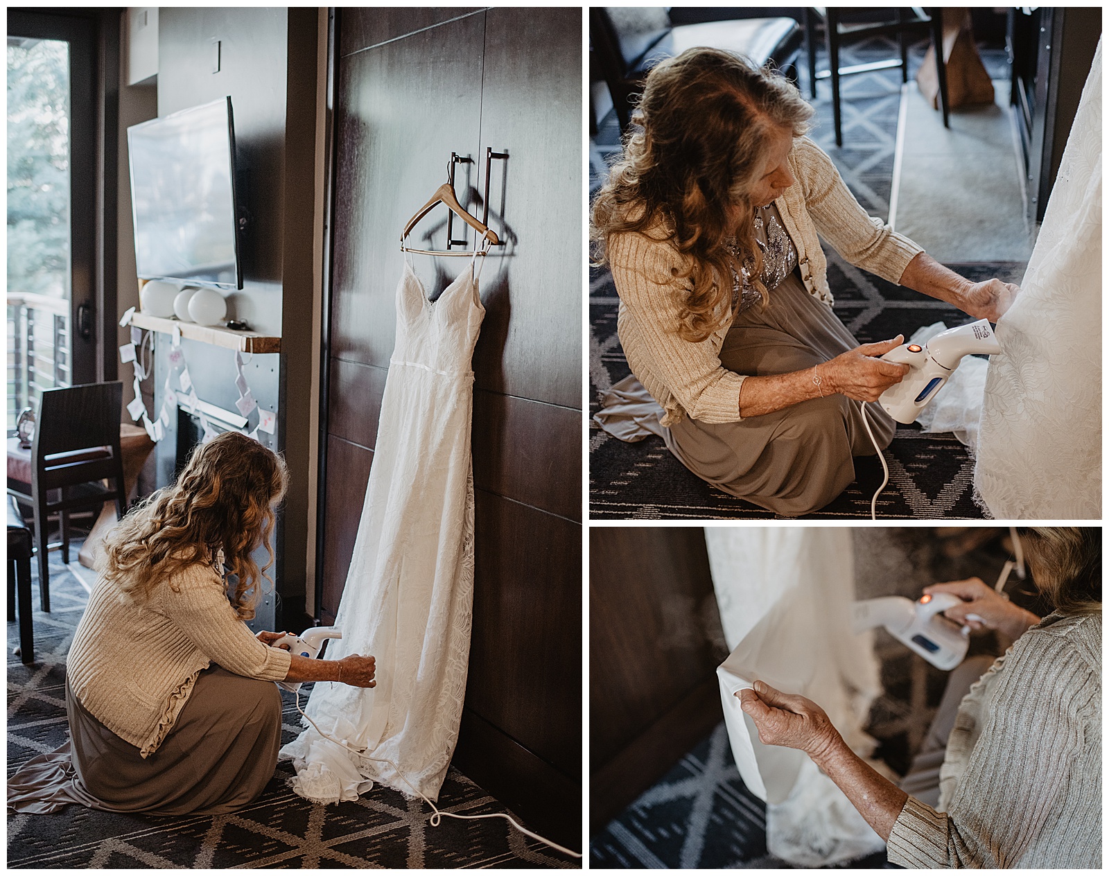 mother of the bride prepping the lace wedding dress