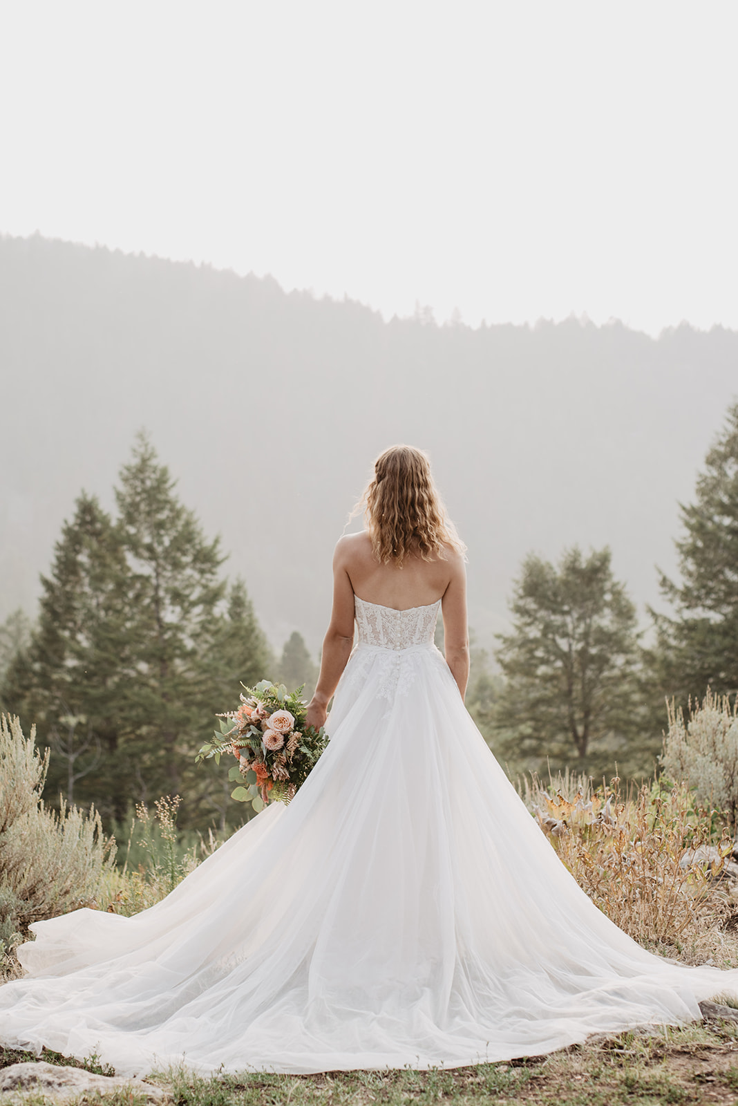bride standing with her back to the camera as she looks out on a valley in Jackson Hole with her dress spread out of the mountain top behind her on a hazy day