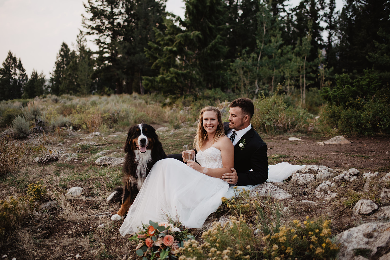 bride and groom sitting on some rocks as the sun sets as they drink champagne and cuddle their dog at their Grand Teton elopement