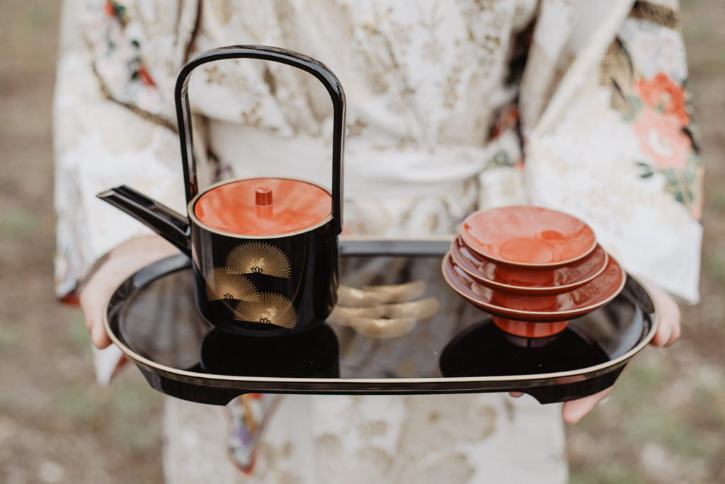 sake tray for Japanese wedding tradition for bride and groom in the Grand Tetons for their Taggart Lake wedding