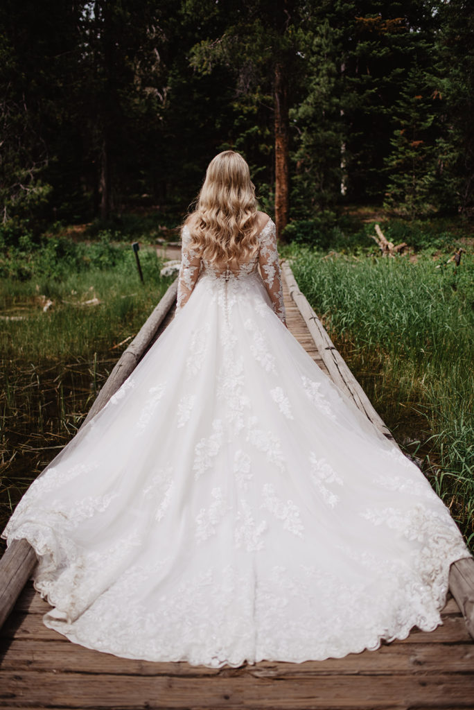 bride facing away from the camera with her wedding dress fanned out behind her in the woods of Jackson Hole 