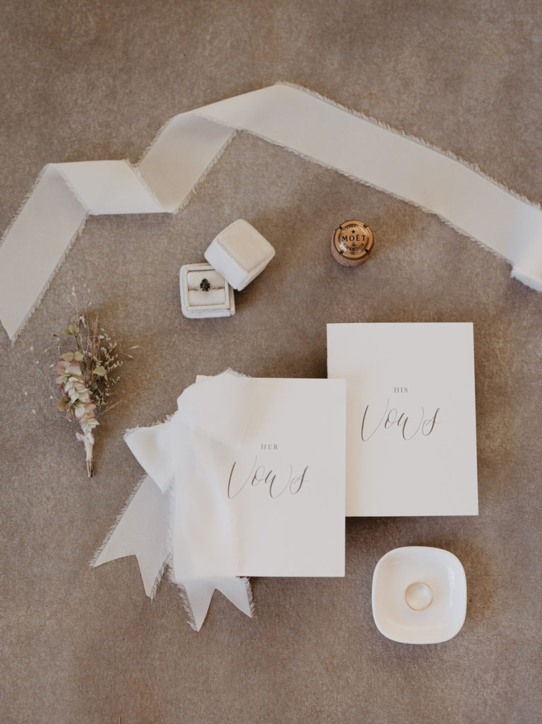 Utah elopement photographer captures ribbon and wedding details for flatlay