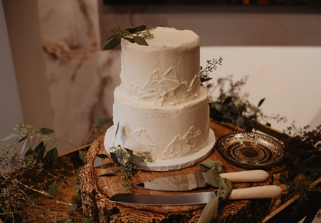 Jackson Hole photographer captures close up of wedding cake with mountain outline throughout