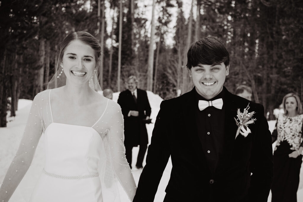 Grand Teton photographer captures black and white portrait of bride and groom after elopement ceremony