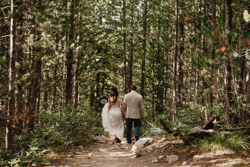 Jackson Hole wedding photographer captures bride and groom walking hand in hand through forest