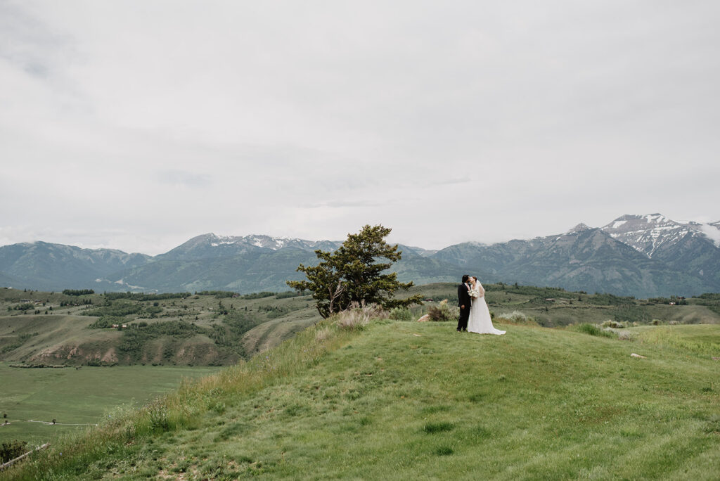 Jackson Hole wedding photographer captures bride and groom walking in grassy field