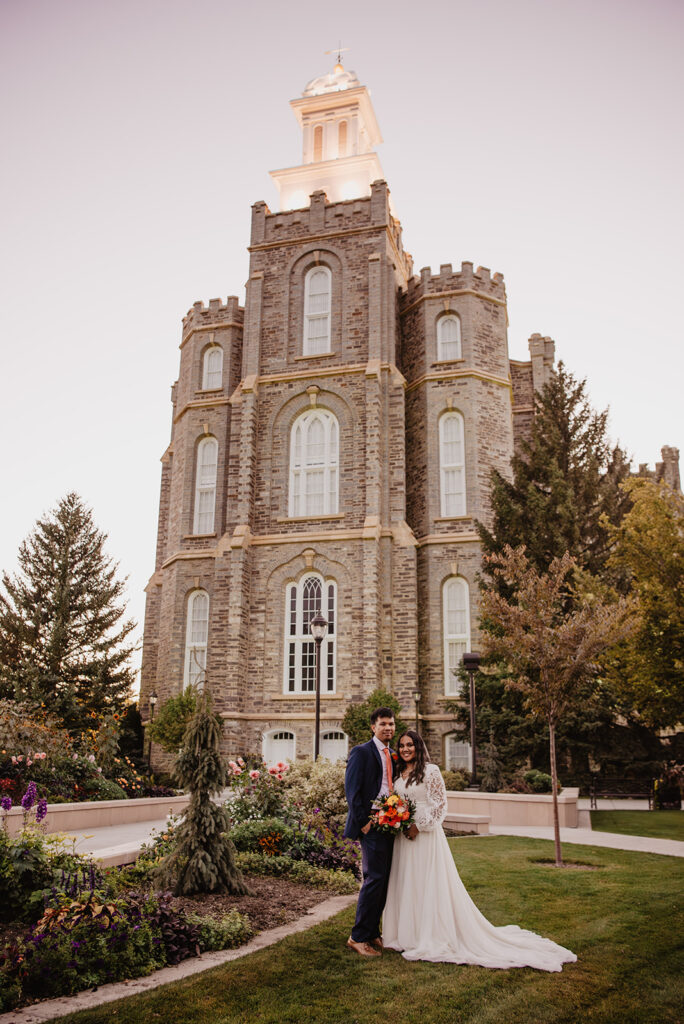Utah Elopement Photographer captures bride and groom during bridal portraits in front of LDS temple