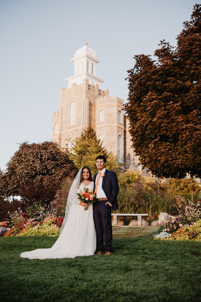 Utah elopement photographer captures bride and groom in front of LDS Temple