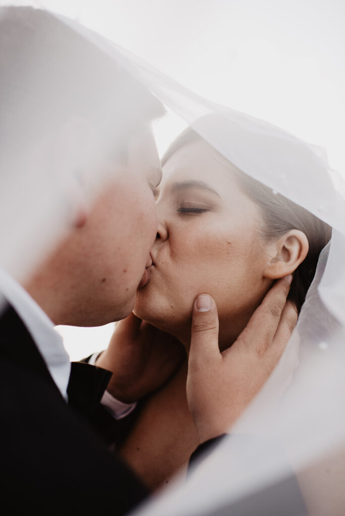 Jackson Wy photographer captures couple kissing under veil after Grand Teton wedding