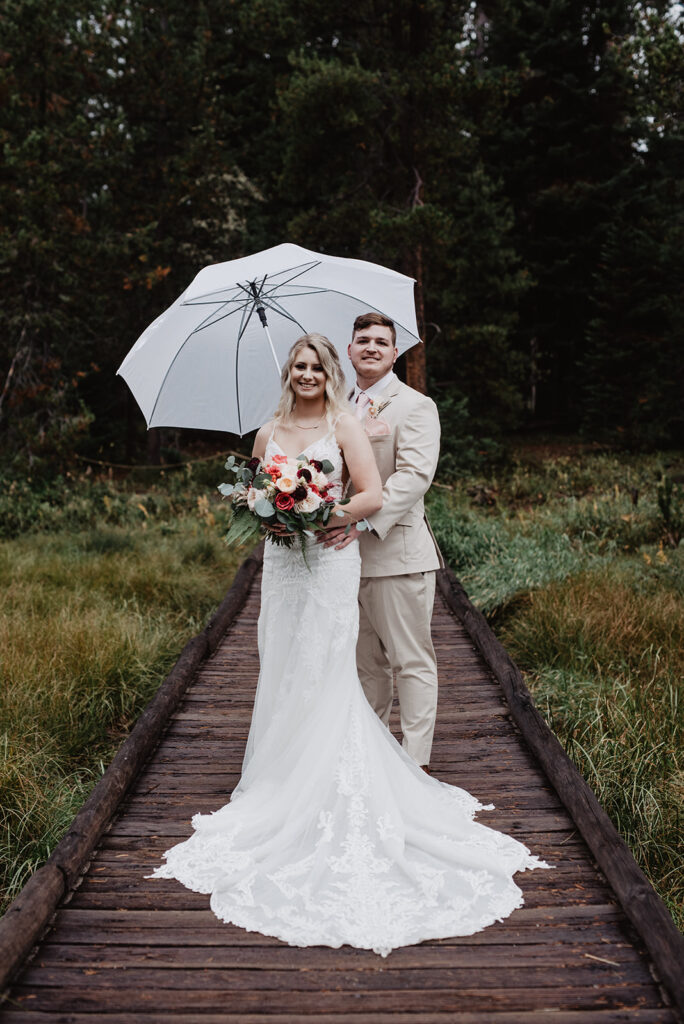 Jackson Hole Wedding Photographer captures bride and groom standing under umbrella
