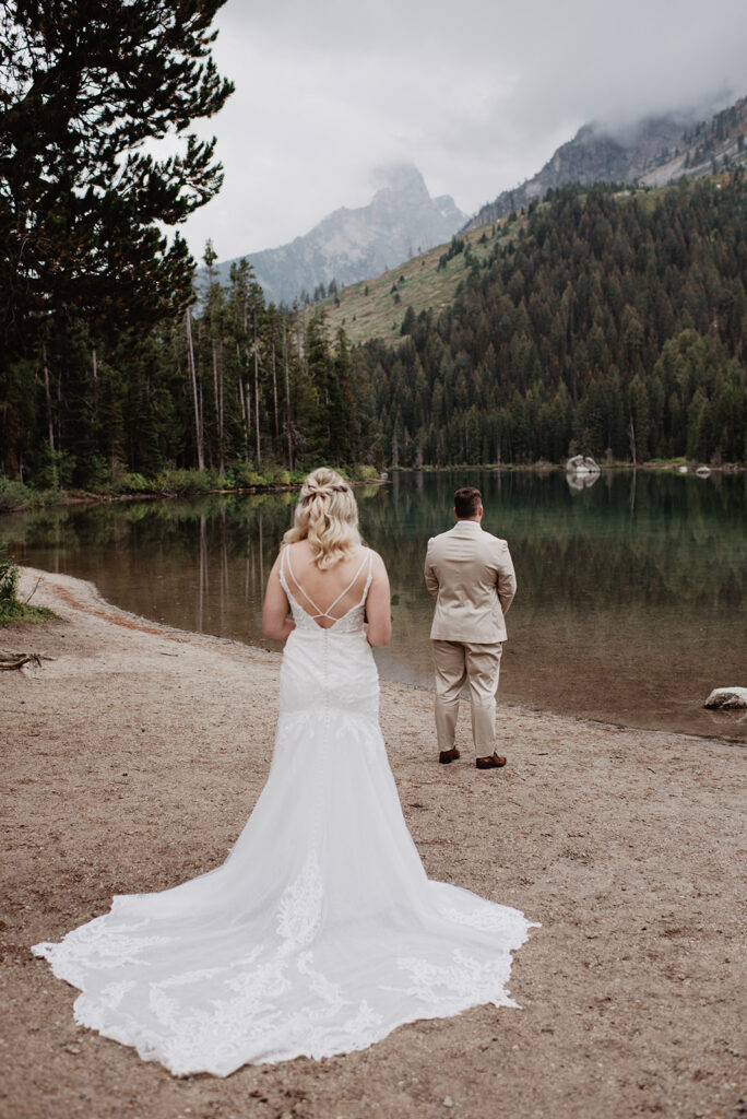 Jackson Hole Wedding Photographer captures first look between bride and groom on wedding day