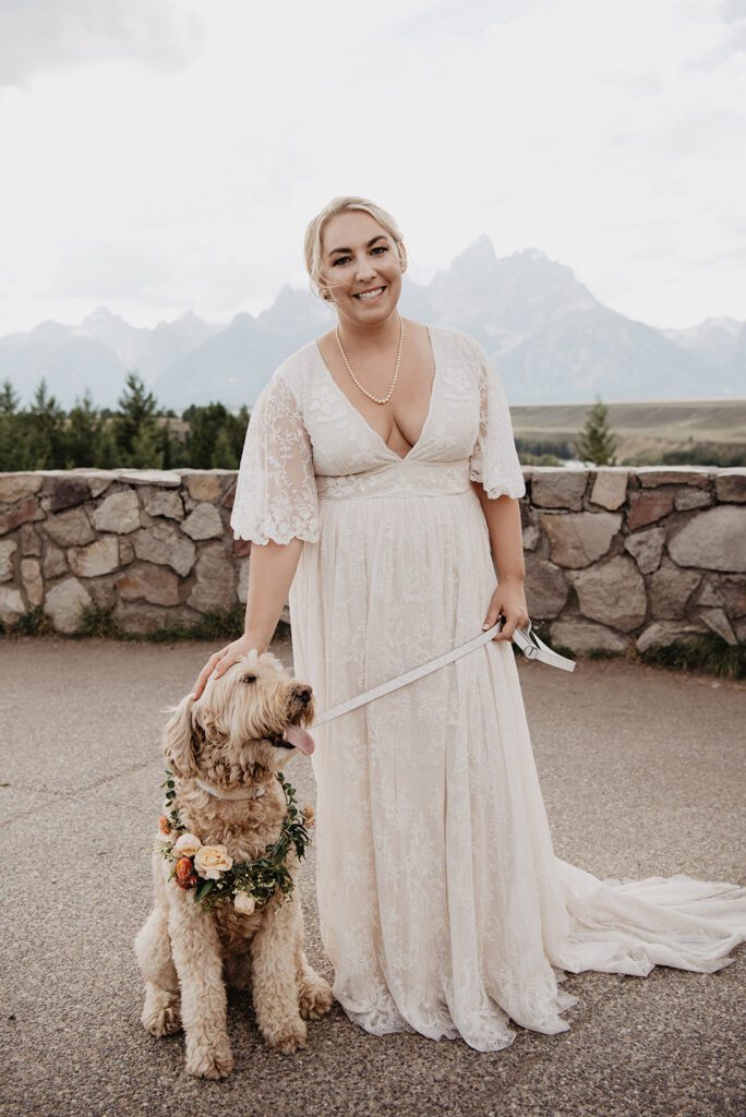Jackson Hole Elopement Photographer captures bride with dog on wedding day
